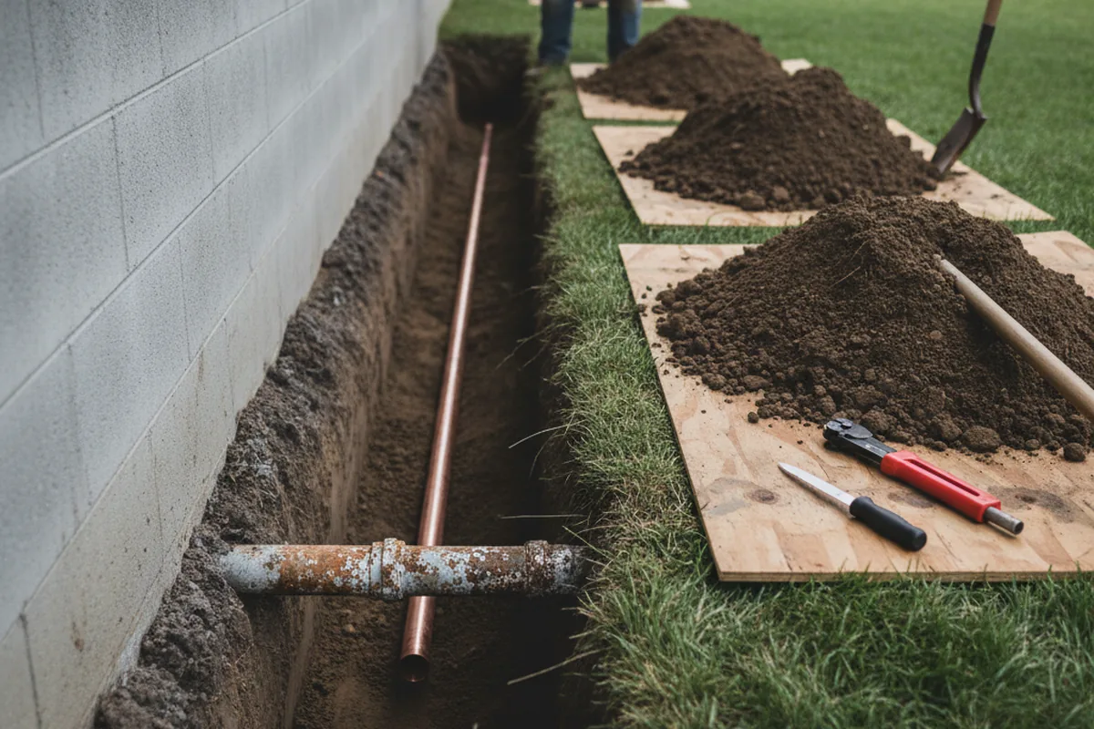 Excavated water line trench during Water Softener Installation in Ramona
